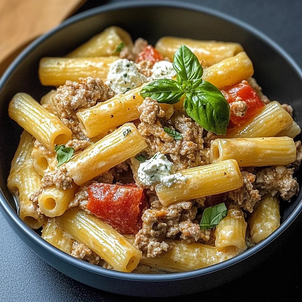 Rigatoni in Hackfleisch-Feta-Sahnesauce, scharf